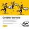 Courier service concept. Web banner with Delivery guys handing a box on yellow background. Doodle ink style vector