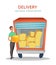 The courier stands near the truck with cargo inside. Delivery service. Cartoon vector illustration.