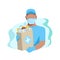 Courier wearing a protective mask and gloves delivers medicines. Quarantine and medicine