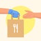 Couriers hand in blue protective rubber glove delivering food bags to customer. Safe food delivery. Online food ordering concept.