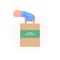 Couriers hand in blue protective rubber glove holding delivery paper bag with food. Safe food delivery.