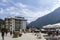 Courmayeur, Italy - August 24 2021: Restaurant or cafe with an outdoor space in northern Italy. Umbrellas, parasols with table and