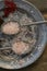 Course pink Himalayan salt on pewter plate and pewter spoons