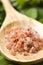 Course pink Himalayan salt on a wooden spoon