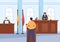 Court Room with Lawyer, Jury Trial, Witness or Judges and the Wooden Judge`s Hammer in Flat Cartoon Design Illustration