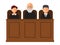 Court trial vector illustration. Courtroom interior with judges and lawyer. Law and criminal, crime and justice in