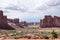 Courthouse Towers viewpoint features the Three Gossips rock formation - Utah`s Arches National Park