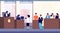 Courtroom. Judge, lawyer and criminal with police officer take part in jury trial. Justice and law vector concept