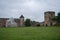 Courtyard of Ivangorod Fortress. View to churches of Saint Nicholas and Dormition of the Mother of God, walls and towers.