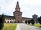 Courtyard of Sforza Castle with towers in Milan