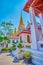 Courtyard of Wat Bowonniwet Vihara temple complex with golden chedi, Bangkok, Thailand