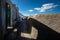 Courtyards of the white city of Santorini under the bright sun. Greece