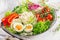 Couscous, egg and vegetables bowl. Healthy, diet, vegetarian food concept.
