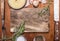 Couscous herb knife meat fork garlic and salt seasoning cutting board. Ingredients wooden rustic background close up top view