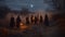 Coven of witches, viewed from the back. Walpurgis night, Halloween. Moon rising