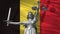 Cover about Law. Statue of god of justice Themis with Flag of Belgium background. Original Statue of Justice. Femida, with scale,