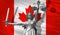 Cover about Law. Statue of god of justice Themis with Flag of Canada background. Original Statue of Justice. Femida, with scale, s