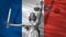 Cover about Law. Statue of god of justice Themis with Flag of France background. Original Statue of Justice. Femida, with scale, s