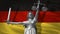 Cover about Law. Statue of god of justice Themis with Flag of Germany background. Original Statue of Justice. Femida, with scale,