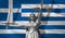 Cover about Law. Statue of god of justice Themis with Flag of Greece background. Original Statue of Justice. Femida, with scale, s