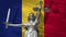 Cover about Law. Statue of god of justice Themis with Flag of Romania background. Original Statue of Justice. Femida, with scale,