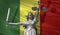 Cover about Law. Statue of god of justice Themis with Flag of Senegal background. Original Statue of Justice. Femida, with scale,