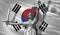 Cover about Law. Statue of god of justice Themis with Flag of South Korea background. Original Statue of Justice. Femida, with sca