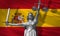 Cover about Law. Statue of god of justice Themis with Flag of Spain background. Original Statue of Justice. Femida, with scale, sy