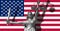 Cover about Law. Statue of god of justice Themis with Flag of USA background. Original Statue of Justice. Femida, with scale, symb