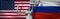 Cover about Law. Statue of god of justice Themis with Flags of USA and Russia background. Original Statue of Justice. Femida, with
