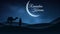 Cover for Ramadan Kareem. Night landscape. Muslim Religion Holy Month. Arab stands with a camel in the desert. The starry sky. Bri