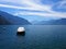 Covered boat on Lake Geneva at Montreux city in Switzerland