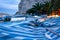 Covered boats on a beach in Sirolo, Mount Conero, Marche, Italy