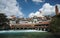 Covered bridge, church, castle and river view in Thun (Switzerland)