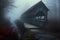 covered bridge in a foggy, mysterious setting