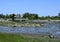 Covered bridge on trail on shoreline