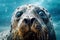 Covered in oil and waste, a sad seal or fur seal in a muddy ocean. Oil spill damage. The impact of the oil spill and plastic