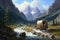 covered wagon crossing mountain stream, with the view of a rugged wilderness in the background