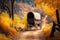 covered wagon on scenic mountain trail, surrounded by autumn colors