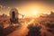 covered wagon traversing sun-drenched desert, with the horizon in the distance