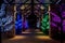 Covered walkway adorned with colorful Holiday Christmas Trees, centered for text copy