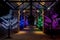 Covered walkway adorned with colorful Holiday Christmas Trees, centered for text copy