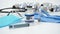 Covid-19 Corona Virus 2019-ncov Vaccine vials medicine drug ampoule bottle syringe injection medical nitrile gloves mask glasses.
