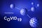 COVID-19 coronavirus banner, 3d illustration. COVID disease germs on blue background. Deadly SARS-CoV-2 corona virus global