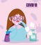 Covid 19 coronavirus, coughing girl with disinfectant products