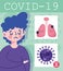 Covid 19 coronavirus infographic, character running nose, virus lung symptoms