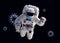 COVID-19 coronavirus pandemic concept, funny astronaut wearing medical mask moves in outer space among corona viruses, 3d render