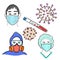 Covid-19. Coronavirus pandemic elements: virus, medical masks, test-tube and man wearing  protective suit Set of hand drawn vector