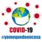 Covid-19 Coronavirus protection mask. Global pandemic prevention. Hashtags i stay at home in spanish. Vector .