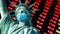 COVID-19 coronavirus in USA,America stock market display screen Statue of Liberty with face mask